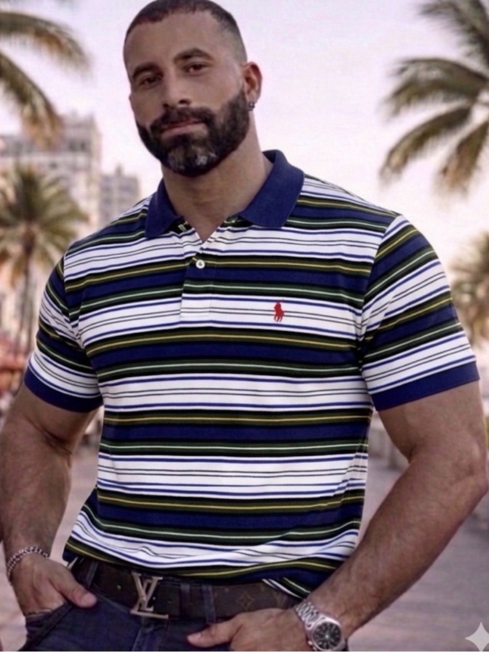Polo Ralph Lauren Men’s Navy, Yellow, White & Green Striped Polo w Red pony logo